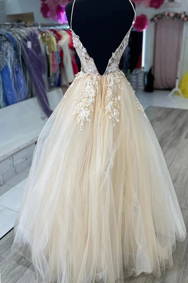 A-line Tulle Spaghetti Straps Long Prom Dresses With Lace Appliques ...