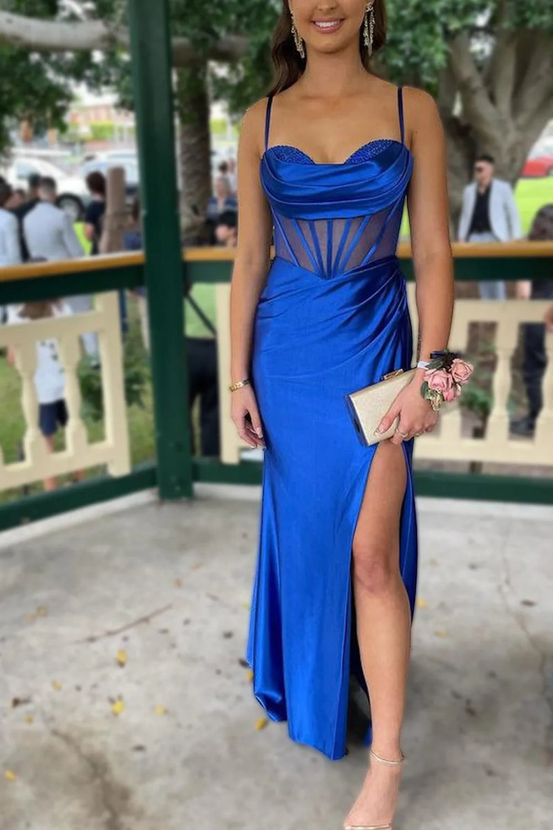 Glamorous Mermaid Prom Dress with Spaghetti-Straps and Appliques Split main image 1