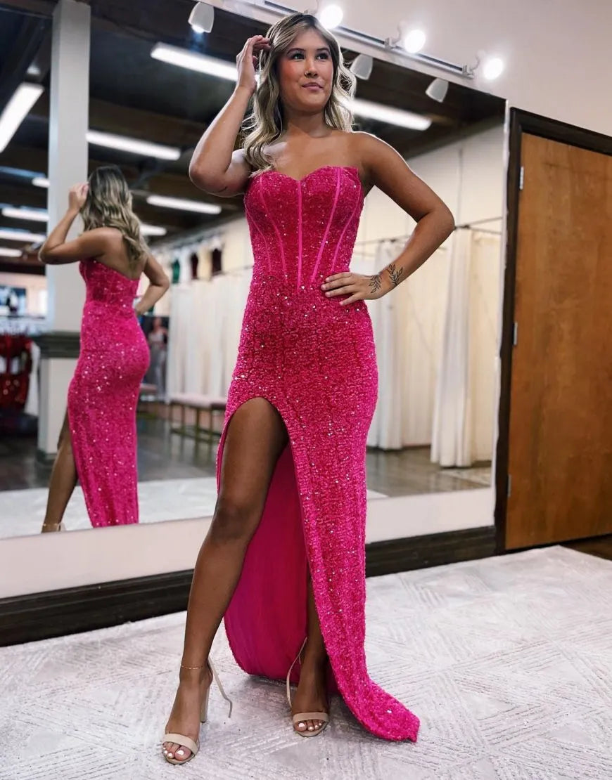 Glamorous Sleeveless Strapless Prom Dress with Front Split and Sequins main image 1