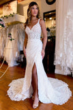 Sheath Long Lace V-Neck Wedding Dress with Slit