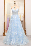 A Line Tulle Long Corset Prom Dress With Appliques