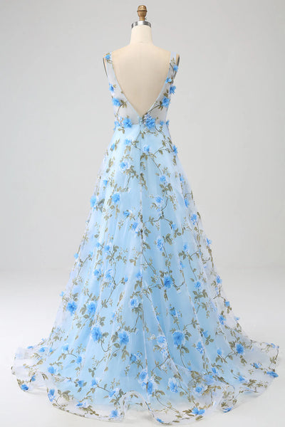 Long A Line V Neck Tulle Lace 3D Flowers Formal Graduation Prom Dresses main image 1