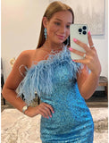 Mermaid / Trumpet Cocktail Dresses Party Dress Homecoming Short / Mini Sleeveless One Shoulder Sequined with Feather Sequin