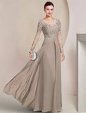 Sheath / Column Mother of the Bride Dress Formal Wedding Guest Elegant Scoop Neck Floor Length Chiffon Lace Long Sleeve with Beading Appliques