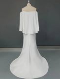 A-Line Plus Size Curve Wedding Dresses Minimalist Dress Party Wear Sweep / Brush Train Half Sleeve Off Shoulder Stretch Fabric with Ruffles Slit