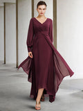 A-Line Mother of the Bride Dress Plus Size Elegant High Low V Neck Asymmetrical Floor Length Chiffon Long Sleeve with Pleats Ruched