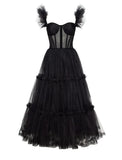 A-Line Prom Black Dress Vintage Dress Masquerade Ankle Length Sleeveless Sweetheart Wednesday Addams Family Tulle Crisscross Back with Pleats Ruffles