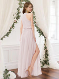 Sheath / Column Bridesmaid Dress High Neck Sleeveless Elegant Floor Length Chiffon with Pleats / Split Front