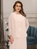 Two Piece A-Line Mother of the Bride Dresses Plus Size Hide Belly Curve Elegant Dress Formal Ankle Length Half Sleeve Jewel Neck Chiffon with Beading