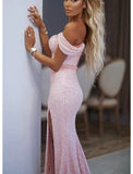 Mermaid / Trumpet Evening Gown Elegant Dress Formal Prom Floor Length Short Sleeve Off Shoulder Sequined with Sequin