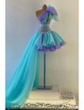 A-Line Quinceanera Dresses Corsets Dress Wedding Party Short / Mini Sleeveless One Shoulder Tulle with Bow(s) Pleats