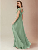 A-Line Bridesmaid Dress Square Neck Short Sleeve Elegant Floor Length Chiffon with Split Front / Ruching
