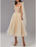 A-Line Prom Dresses Elegant Dress Formal Tea Length Sleeveless Sweetheart Tulle with Pleats Sequin