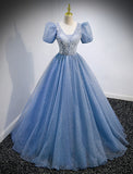 A-Line Prom Dresses Puffy Dress Wedding Guest Quinceanera Floor Length Short Sleeve V Neck Tulle with Sequin