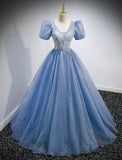 A-Line Prom Dresses Puffy Dress Quinceanera Floor Length Short Sleeve V Neck Tulle with Sequin
