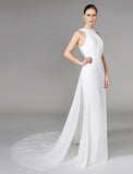 Wedding Dresses Sheath / Column High Neck Sleeveless Chapel Train Chiffon Bridal Gowns With Beading Draping