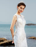 Mermaid / Trumpet Bateau Neck Sweep / Brush Train Lace / Tulle Made-To-Measure Wedding Dresses with Lace / Ruched