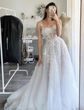 Beach Boho Wedding Dresses A-Line Square Neck Sleeveless Sweep / Brush Train Chiffon Bridal Gowns With Embroidery Appliques