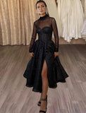 A-Line Cocktail Dresses Sparkle & Shine Dress Wedding Guest Party Wear Tea Length Long Sleeve High Neck Wednesday Addams Family Tulle with Glitter Slit