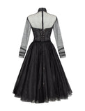 A-Line Cocktail Black Dress Vintage Dress Homecoming Cocktail Party Knee Length Long Sleeve High Neck Wednesday Addams Family Tulle with Pleats Pure Color