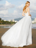 Beach Wedding Dresses A-Line Spaghetti Strap Sleeveless Sweep / Brush Train Chiffon Bridal Gowns With Sashes / Ribbons