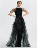 Mermaid / Trumpet Prom Dresses Black Dress Dress Quinceanera Floor Length Short Sleeve Jewel Neck Tulle with Beading