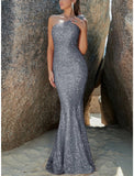 Mermaid Trumpet Evening Gown Sparkle Shine Dress Formal Fall Sweep Brush Train Sleeveless One Shoulder Sequined