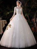 Reception Wedding Dresses Ball Gown High Neck Half Sleeve Floor Length Lace Bridal Gowns With Appliques