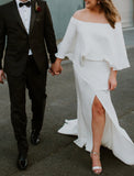 A-Line Plus Size Curve Wedding Dresses Minimalist Dress Party Wear Sweep / Brush Train Half Sleeve Off Shoulder Stretch Fabric with Ruffles Slit