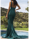 Mermaid / Trumpet Evening Gown Emerald Green Dress Prom Formal Evening Court Train Sleeveless Spaghetti Strap Satin with Pure Color