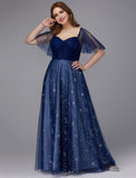 A-Line Plus Size Dress Wedding Guest Prom Floor Length Short Sleeve Sweetheart Tulle Lace-up with Beading Pattern / Print