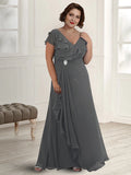 A-Line Mother of the Bride Dress Plus Size Elegant V Neck Floor Length Chiffon Short Sleeve with Pleats Ruffles Crystal Brooch