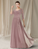 A-Line Mother of the Bride Dress Elegant V Neck Floor Length Chiffon Lace Sequined Half Sleeve with Sequin Appliques