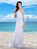 Beach Wedding Dresses Sheath / Column Spaghetti Strap Sleeveless Floor Length Chiffon Bridal Gowns With Ruched Beading