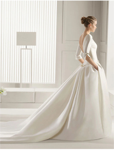 Satin Wedding Dresses Chic A-line Scoop Neck Half Sleeves Sweep Train