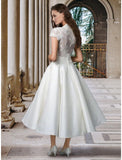 Little White Dresses Wedding Dresses A-Line V Neck Short Sleeve Tea Length Satin Bridal Gowns With Pleats Solid Color
