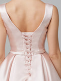 A-Line Cute Dress Wedding Guest Homecoming Knee Length Sleeveless V Wire Satin with Bow(s) Pleats
