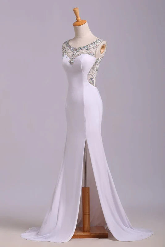 Sleeveless Bodycon Sweep Train Dress With Slit Ocean Blue
