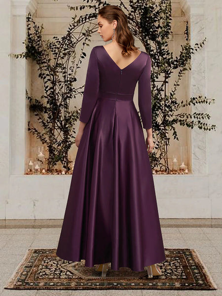 A-Line Mother of the Bride Dress Plus Size Elegant V Neck Ankle Length Satin Lace 3/4 Length Sleeve No with Pleats Ruched