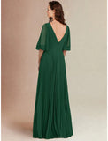 A-Line Bridesmaid Dress V Neck Half Sleeve Elegant Floor Length Chiffon with Split Front / Ruching