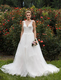 Hall Wedding Dresses Princess Plunging Neck Sleeveless Chapel Train Tulle Bridal Gowns With Sequi