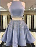 Two Piece Homecoming Dresses Elegant Dress Holiday Short / Mini Sleeveless Jewel Neck Satin with Beading