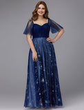 A-Line Plus Size Dress Wedding Guest Prom Floor Length Short Sleeve Sweetheart Tulle Lace-up with Beading Pattern / Print
