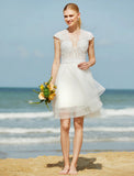 Wedding Dresses A-Line V Neck Sleeveless Knee Length Tulle Bridal Gowns With Sash / Ribbon Beading