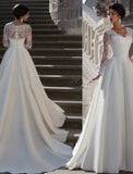 Engagement Formal Fall Wedding Dresses A-Line V Neck Long Sleeve Court Train Satin Bridal Gowns With Appliques