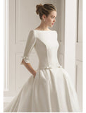 Engagement Formal Fall Wedding Dresses A-Line Scoop Neck Half Sleeve Court Train Satin Bridal Gowns With Bow(s) Pleats