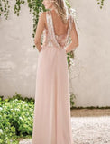 A-Line Bridesmaid Dress V Neck Sleeveless Elegant Floor Length Chiffon / Sequined with Pleats