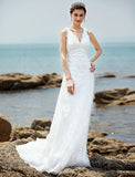 Wedding Dresses Sheath / Column V Neck Sleeveless Court Train Lace Bridal Gowns With Appliques Button