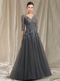 A-Line Mother of the Bride Dress Elegant V Neck Floor Length Chiffon Lace Half Sleeve with Appliques