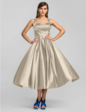 A-Line Minimalist Dress Wedding Guest Cocktail Party Tea Length Sleeveless Square Neck Stretch Satin with Criss Cross